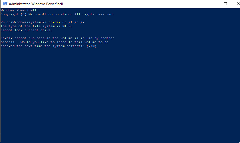 Administrator PowerShell z uruchomionym programem chkdsk następnym razem - błąd 0xc190012e